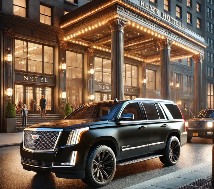 DALL·E 2024-10-31 22.37.17 – A realistic photograph of a regular black Cadillac Escalade SUV parked in front of a luxury hotel entrance in New York City. The hotel features tall c DALL·E 2024-10-31 22.37.17 - A realistic photograph of a regular black Cadillac Escalade SUV parked in front of a luxury hotel entrance in New York City. The hotel features tall c